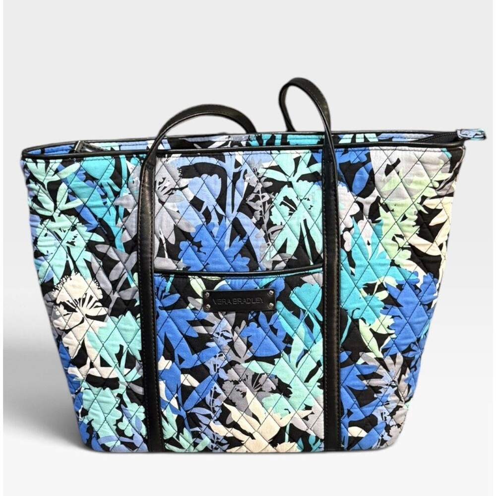Vera Bradley Camofloral Quilted Tote Bag Blue Green Floral Shoulder Purse